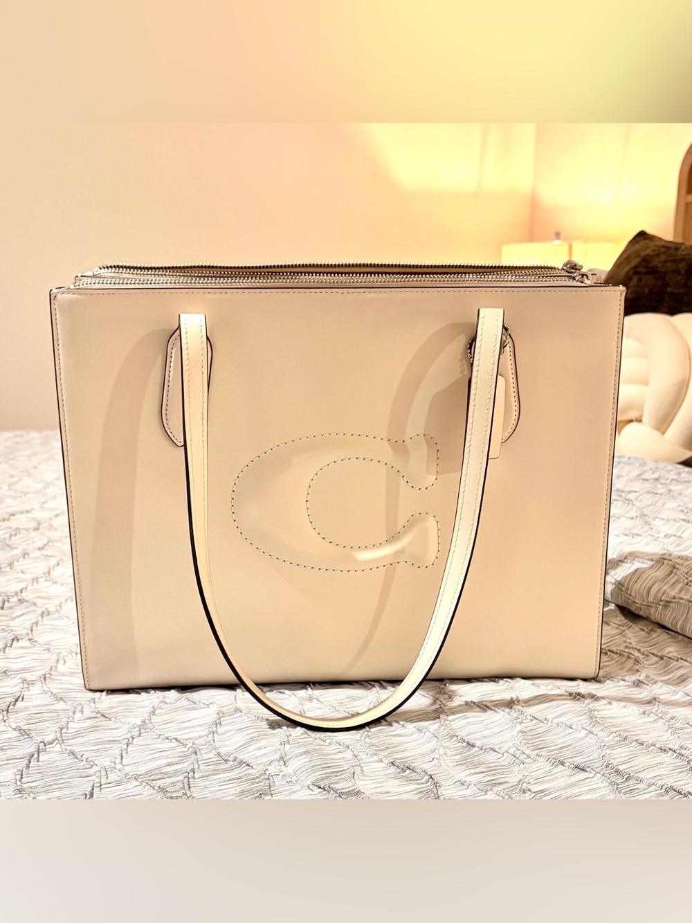 Coach Cream Leather Tote with Stitch-Detail C
